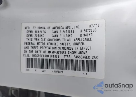 2017 Honda Accord Ex-L V6 z USA, uszkodzony, nr VIN 1HGCR3F87HA001008